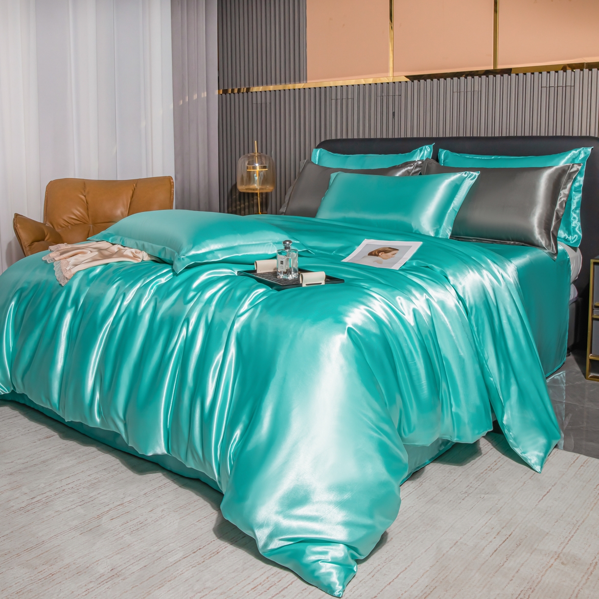 91家纺网 家纺一手货源 找家纺 莱越家纺 2026夏季款高端轻奢水洗真丝四件套丝滑裸睡丝绸纯色冰丝四件套系列可承接外贸订货 水兰色