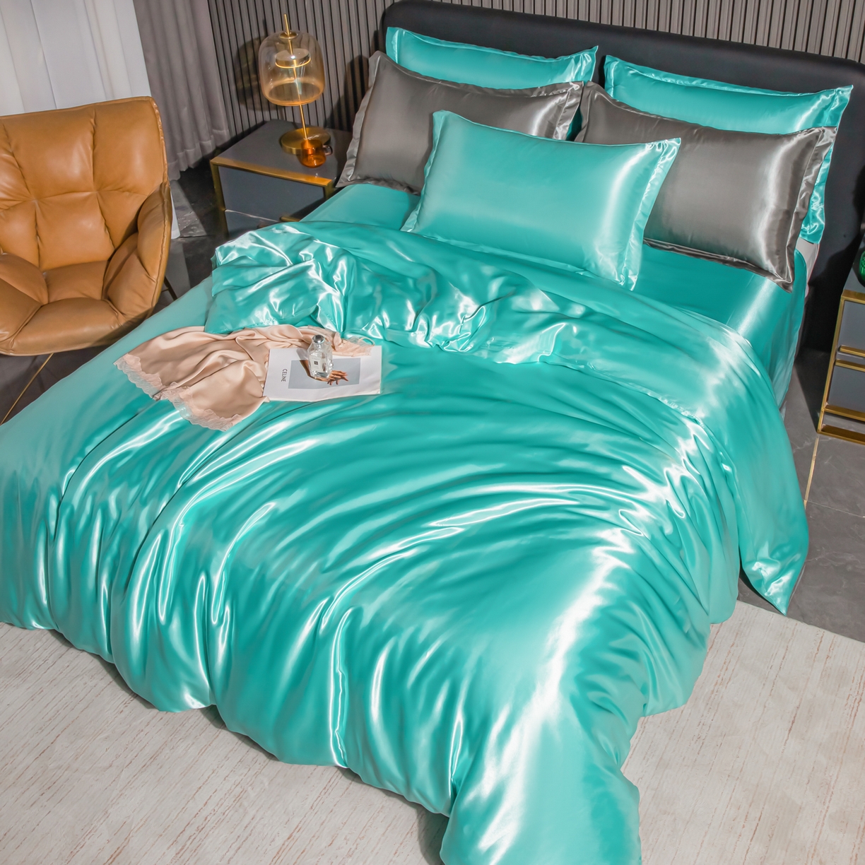 91家纺网 家纺一手货源 找家纺 莱越家纺 2026夏季款高端轻奢水洗真丝四件套丝滑裸睡丝绸纯色冰丝四件套系列可承接外贸订货 水兰色