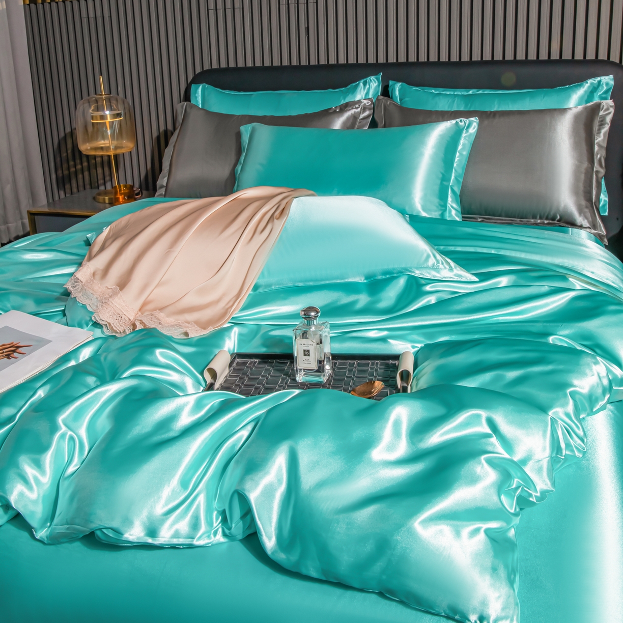 91家纺网 家纺一手货源 找家纺 莱越家纺 2026夏季款高端轻奢水洗真丝四件套丝滑裸睡丝绸纯色冰丝四件套系列可承接外贸订货 水兰色