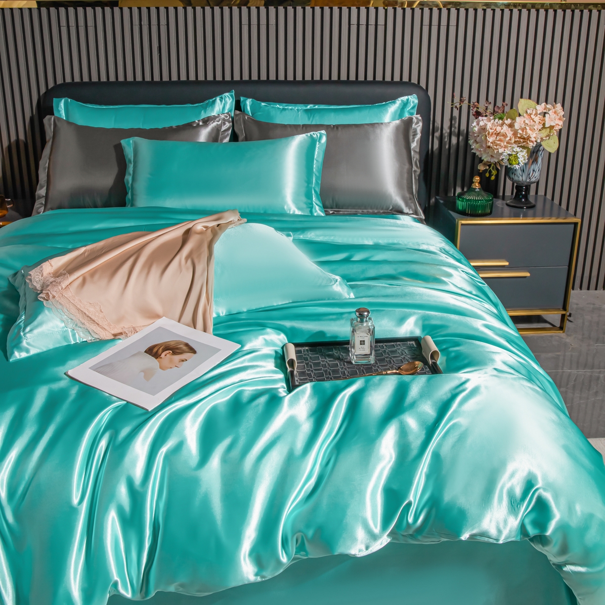 91家纺网 家纺一手货源 找家纺 莱越家纺 2026夏季款高端轻奢水洗真丝四件套丝滑裸睡丝绸纯色冰丝四件套系列可承接外贸订货 水兰色