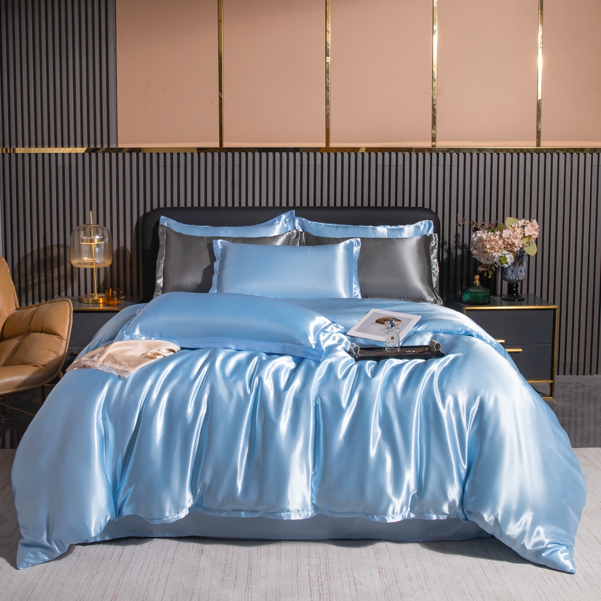 莱越家纺 2026夏季款高端轻奢水洗真丝四件套丝滑裸睡丝绸纯色冰丝四件套系列可承接外贸订货 碎冰蓝