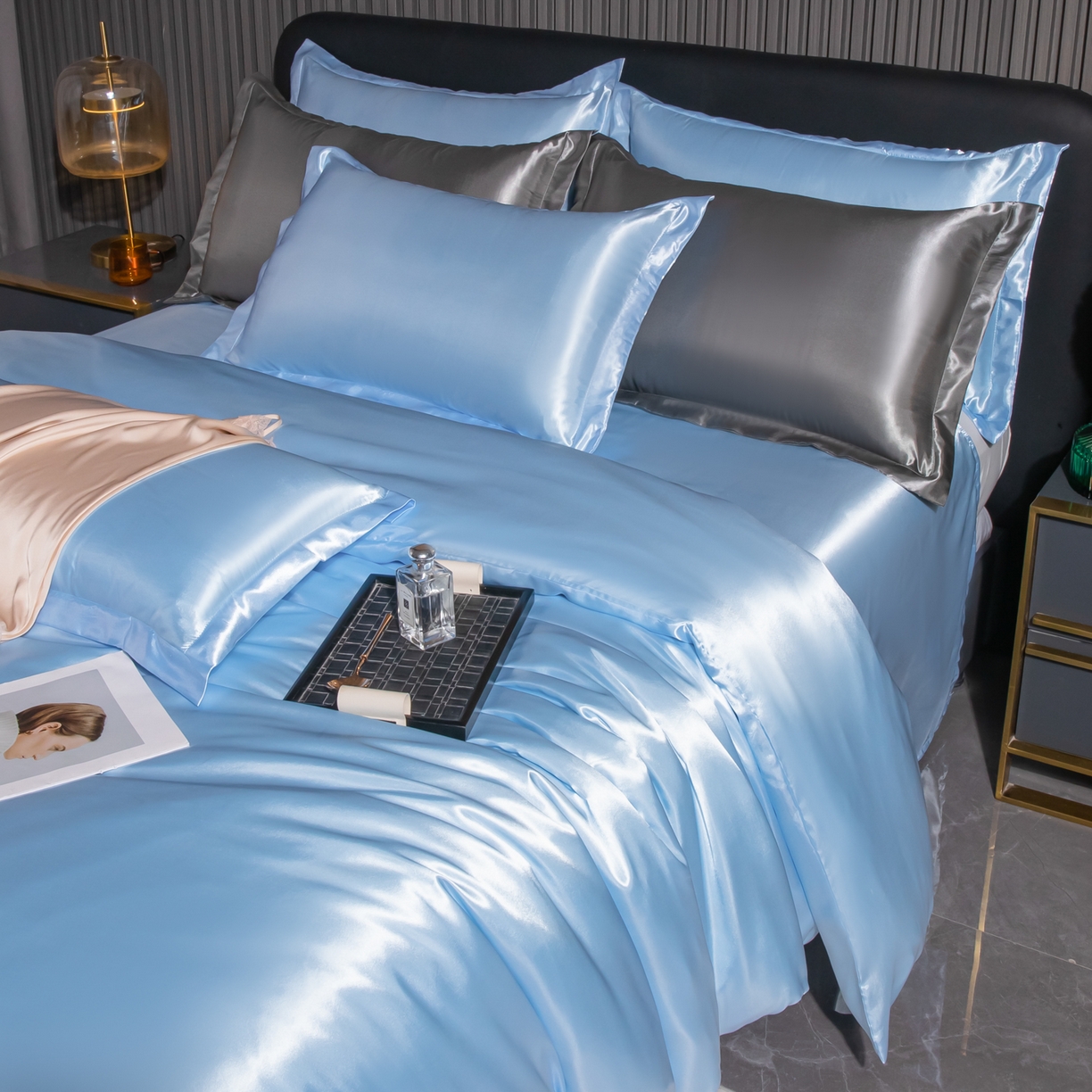 91家纺网 家纺一手货源 找家纺 莱越家纺 2026夏季款高端轻奢水洗真丝四件套丝滑裸睡丝绸纯色冰丝四件套系列可承接外贸订货 碎冰蓝