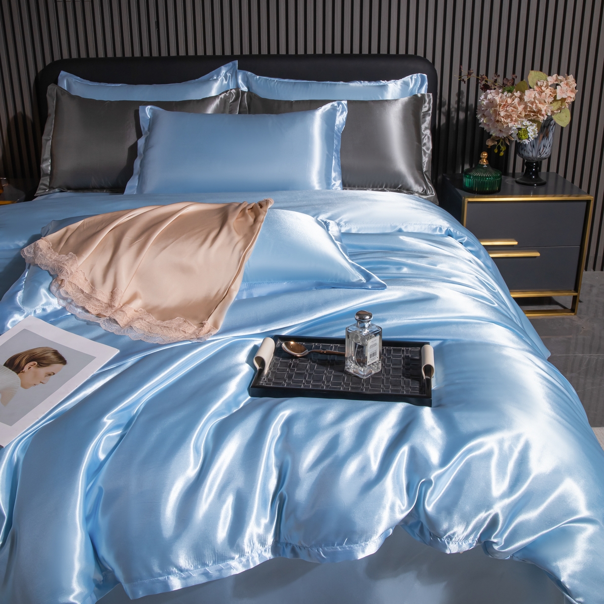 91家纺网 家纺一手货源 找家纺 莱越家纺 2026夏季款高端轻奢水洗真丝四件套丝滑裸睡丝绸纯色冰丝四件套系列可承接外贸订货 碎冰蓝