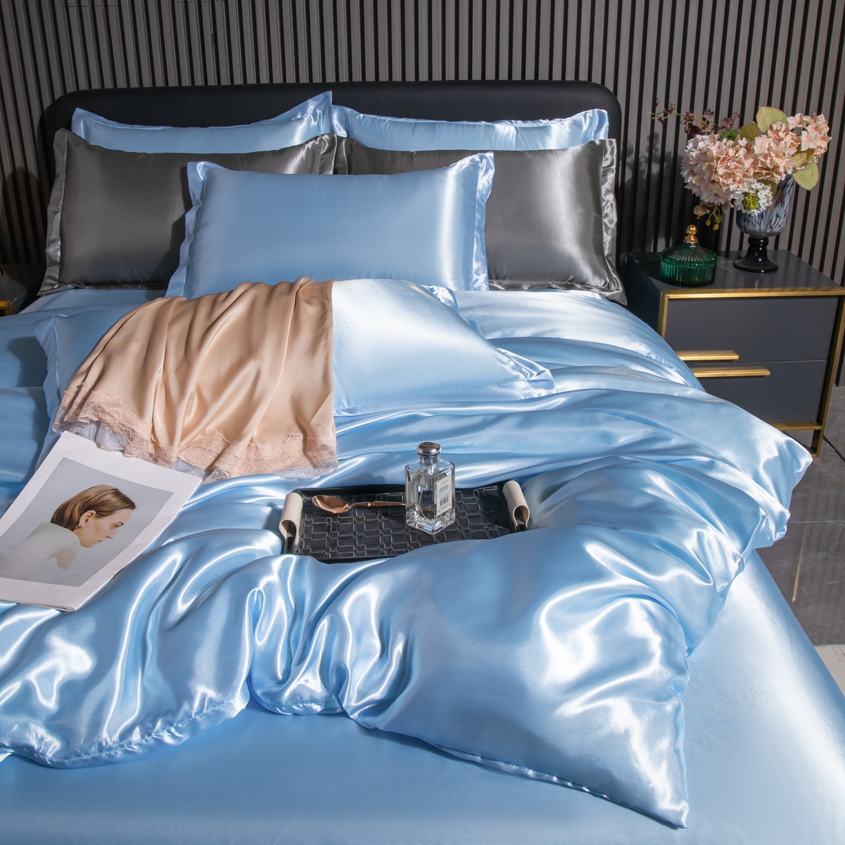 91家纺网 家纺一手货源 找家纺 莱越家纺 2026夏季款高端轻奢水洗真丝四件套丝滑裸睡丝绸纯色冰丝四件套系列可承接外贸订货 碎冰蓝