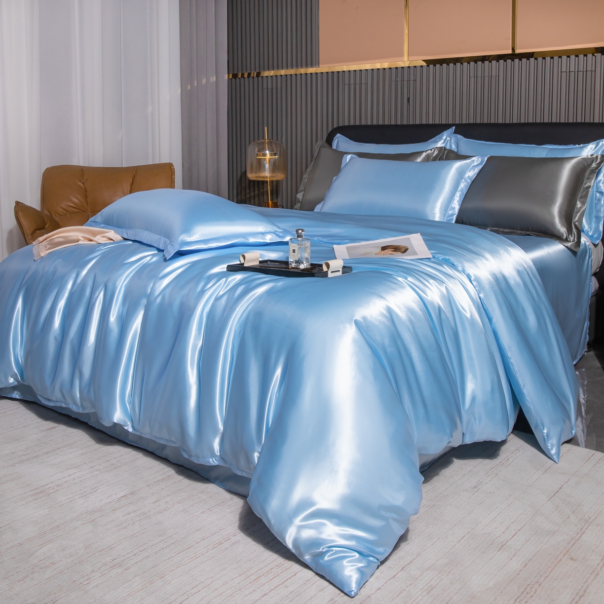 91家纺网 家纺一手货源 找家纺 莱越家纺 2026夏季款高端轻奢水洗真丝四件套丝滑裸睡丝绸纯色冰丝四件套系列可承接外贸订货 碎冰蓝