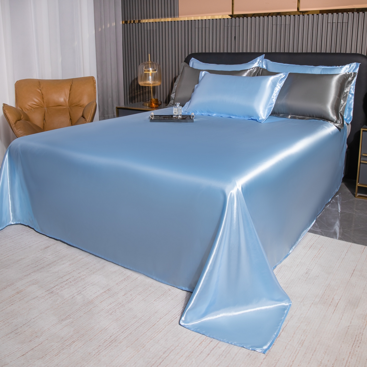 91家纺网 家纺一手货源 找家纺 莱越家纺 2026夏季款高端轻奢水洗真丝四件套丝滑裸睡丝绸纯色冰丝四件套系列可承接外贸订货 碎冰蓝