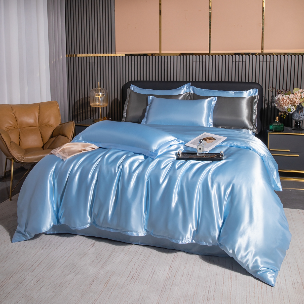 91家纺网 家纺一手货源 找家纺 莱越家纺 2026夏季款高端轻奢水洗真丝四件套丝滑裸睡丝绸纯色冰丝四件套系列可承接外贸订货 碎冰蓝
