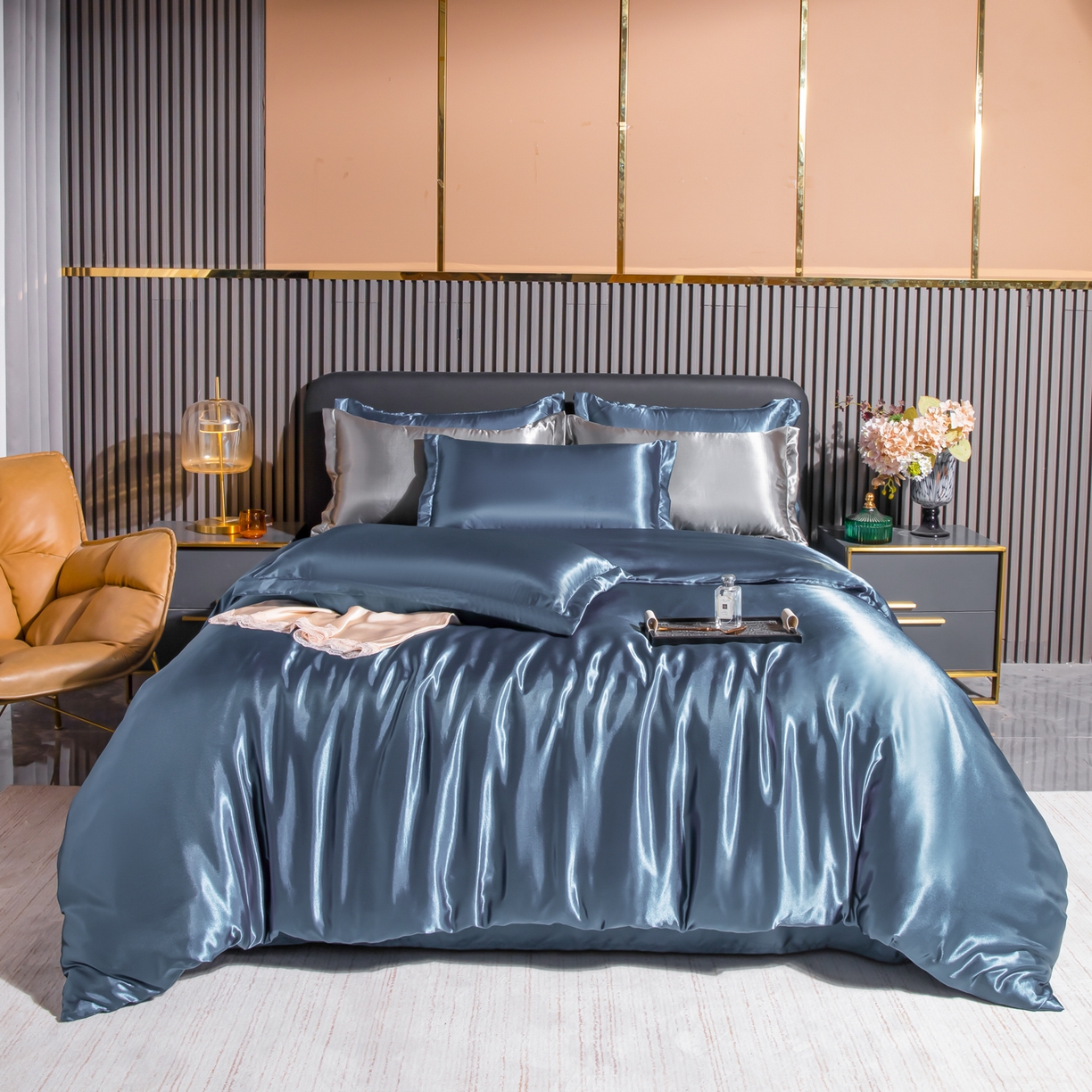 莱越家纺 2026夏季款高端轻奢水洗真丝四件套丝滑裸睡丝绸纯色冰丝四件套系列可承接外贸订货 雾霾蓝