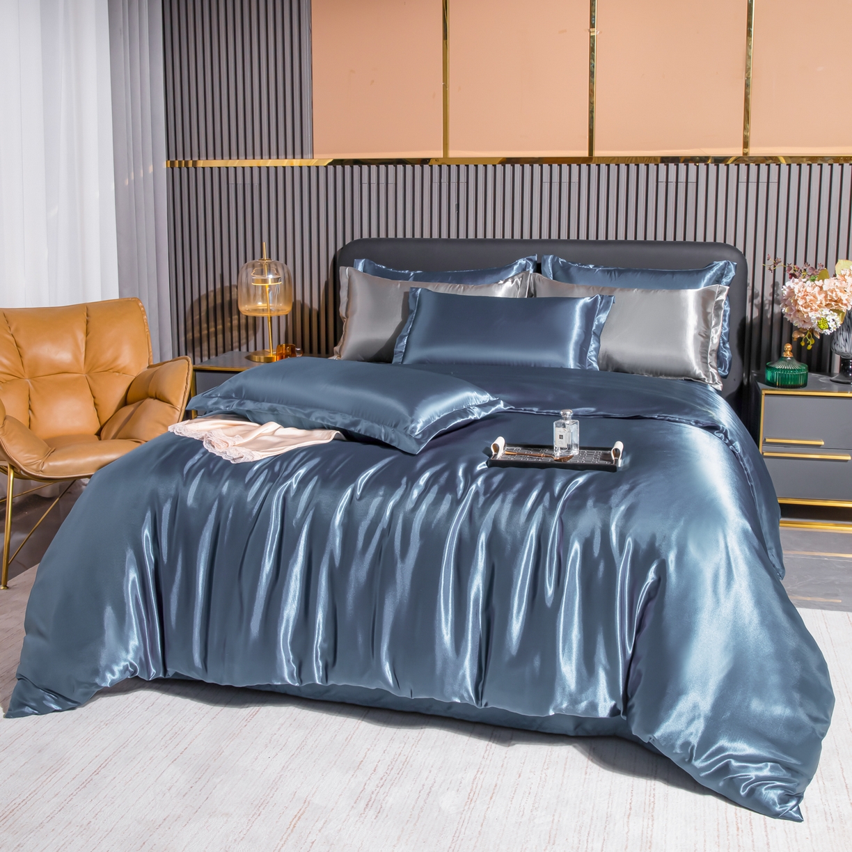 91家纺网 家纺一手货源 找家纺 莱越家纺 2026夏季款高端轻奢水洗真丝四件套丝滑裸睡丝绸纯色冰丝四件套系列可承接外贸订货 雾霾蓝