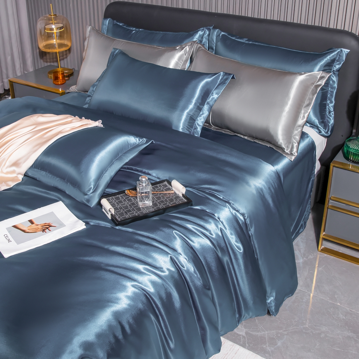91家纺网 家纺一手货源 找家纺 莱越家纺 2026夏季款高端轻奢水洗真丝四件套丝滑裸睡丝绸纯色冰丝四件套系列可承接外贸订货 雾霾蓝