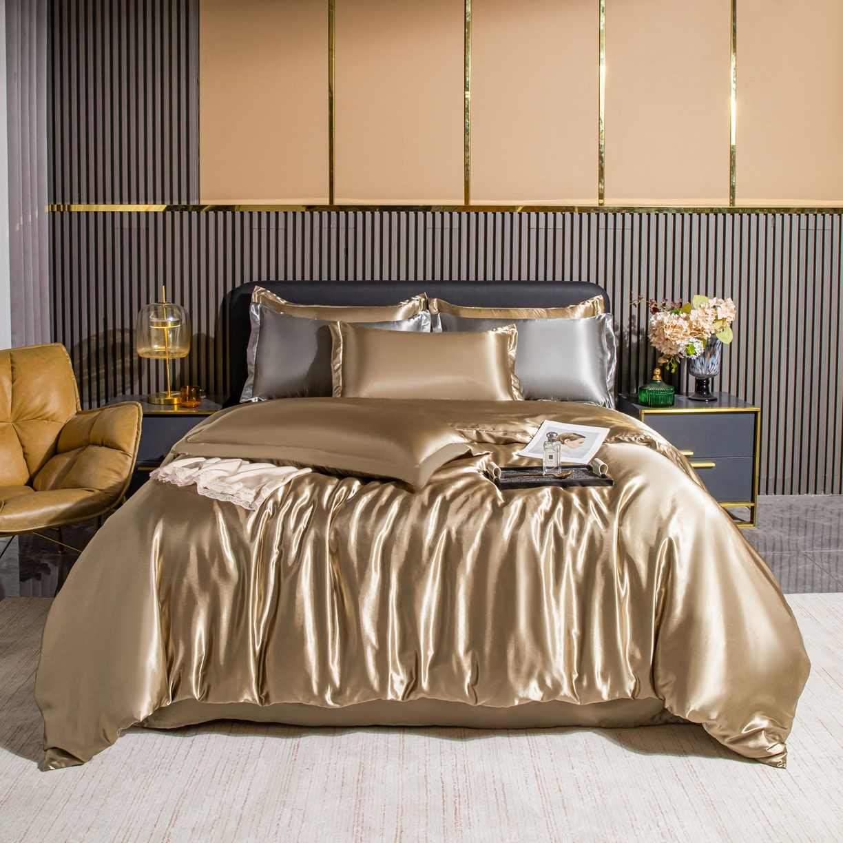 莱越家纺 2026夏季款高端轻奢水洗真丝四件套丝滑裸睡丝绸纯色冰丝四件套系列可承接外贸订货 香槟金