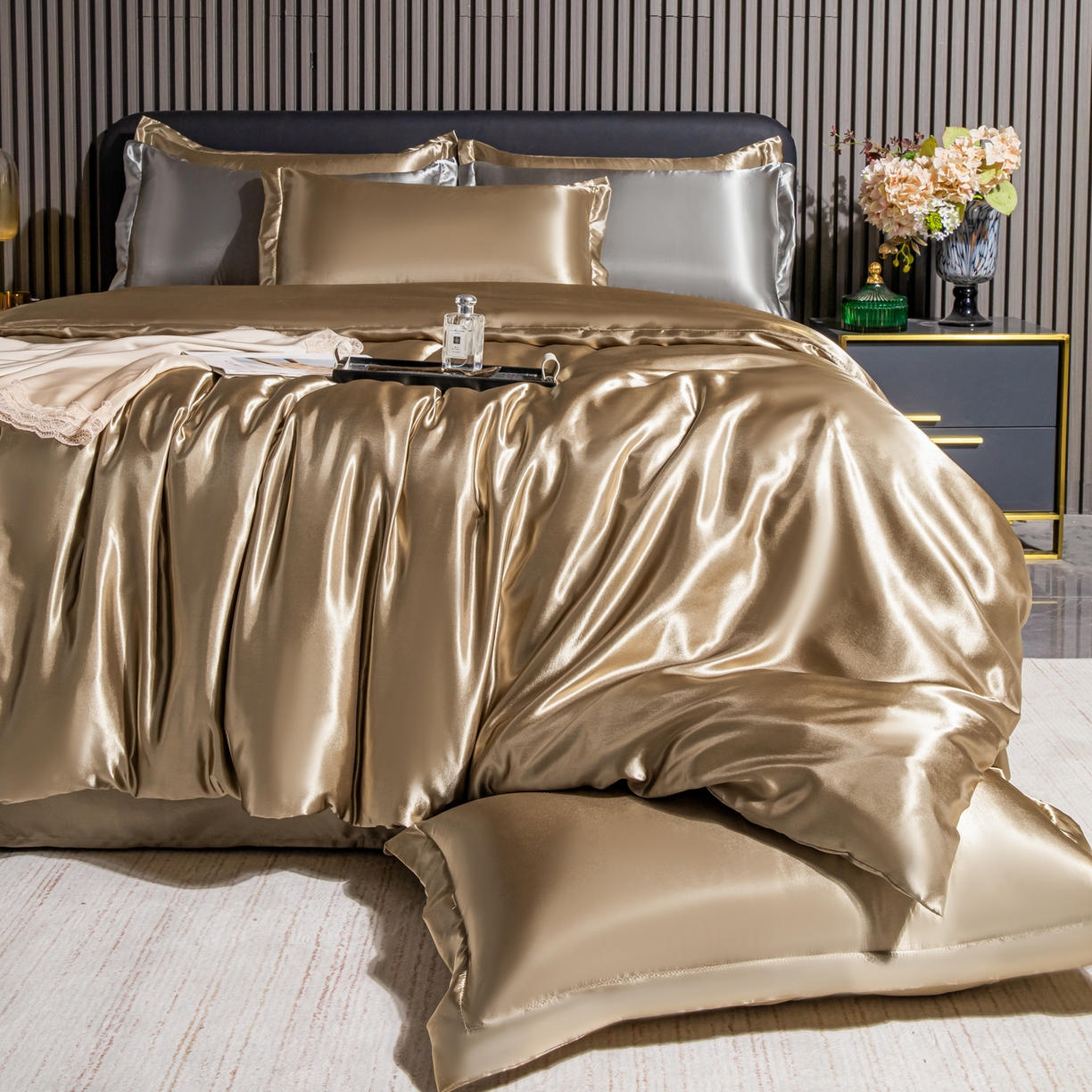 91家纺网 家纺一手货源 找家纺 莱越家纺 2026夏季款高端轻奢水洗真丝四件套丝滑裸睡丝绸纯色冰丝四件套系列可承接外贸订货 香槟金