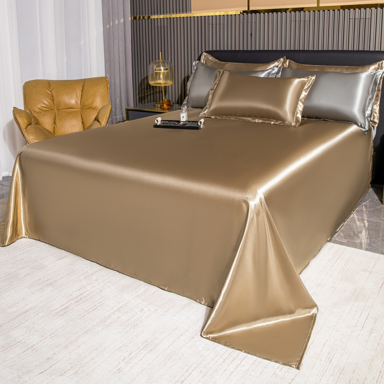 91家纺网 家纺一手货源 找家纺 莱越家纺 2026夏季款高端轻奢水洗真丝四件套丝滑裸睡丝绸纯色冰丝四件套系列可承接外贸订货 香槟金