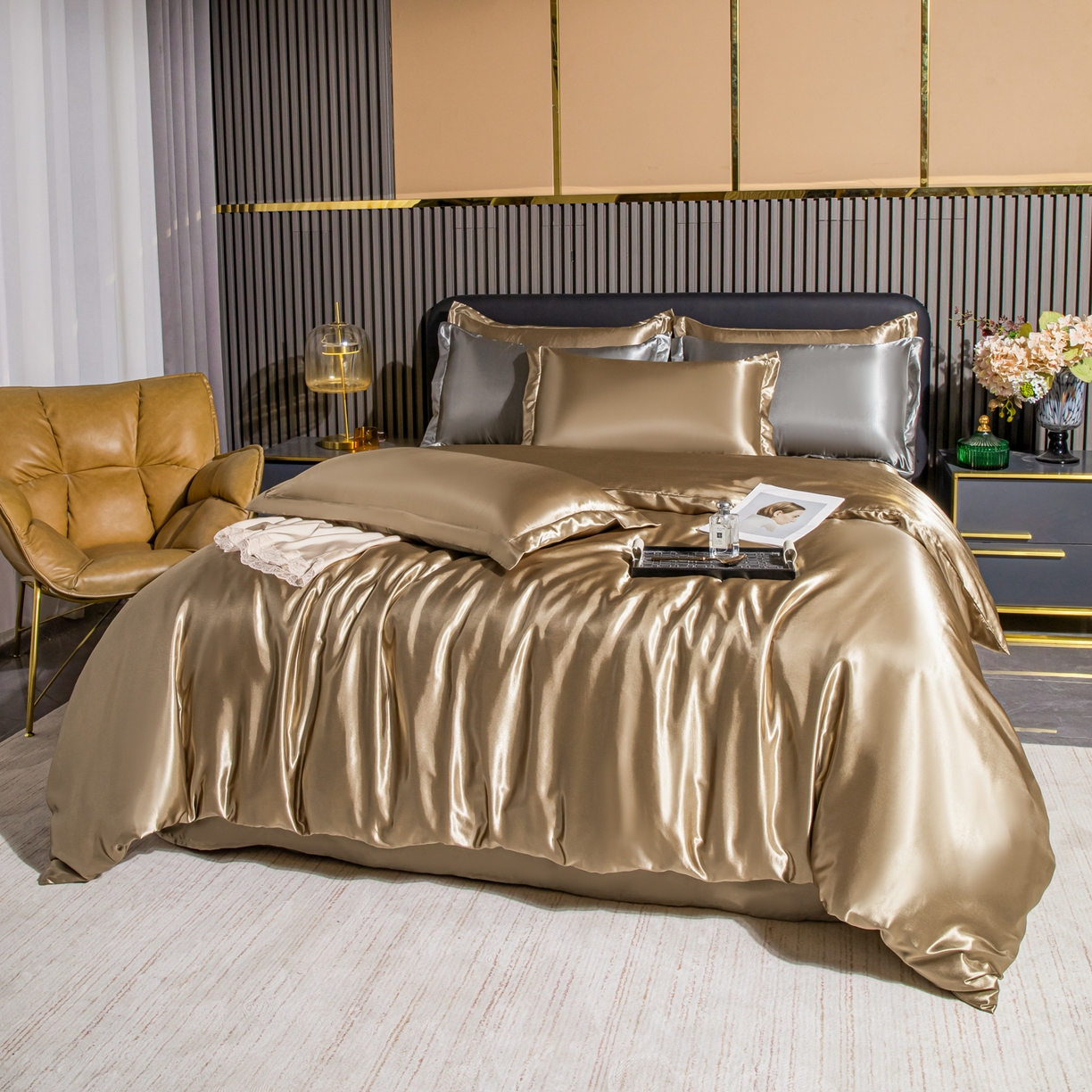 91家纺网 家纺一手货源 找家纺 莱越家纺 2026夏季款高端轻奢水洗真丝四件套丝滑裸睡丝绸纯色冰丝四件套系列可承接外贸订货 香槟金