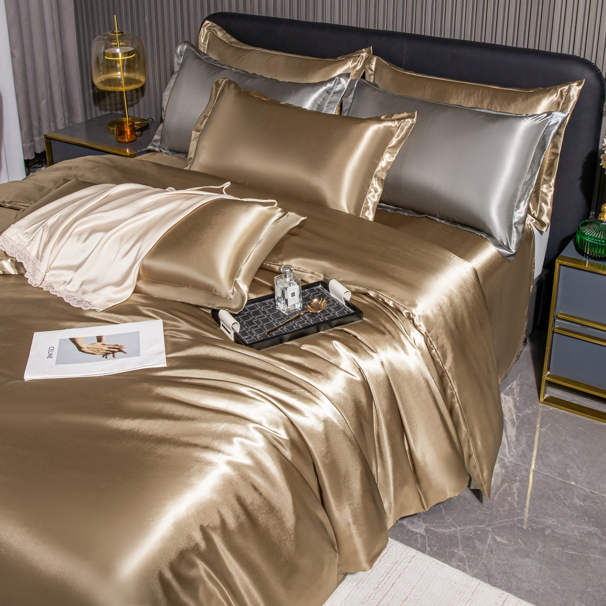 91家纺网 家纺一手货源 找家纺 莱越家纺 2026夏季款高端轻奢水洗真丝四件套丝滑裸睡丝绸纯色冰丝四件套系列可承接外贸订货 香槟金