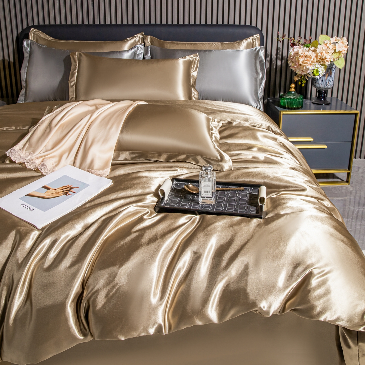 91家纺网 家纺一手货源 找家纺 莱越家纺 2026夏季款高端轻奢水洗真丝四件套丝滑裸睡丝绸纯色冰丝四件套系列可承接外贸订货 香槟金