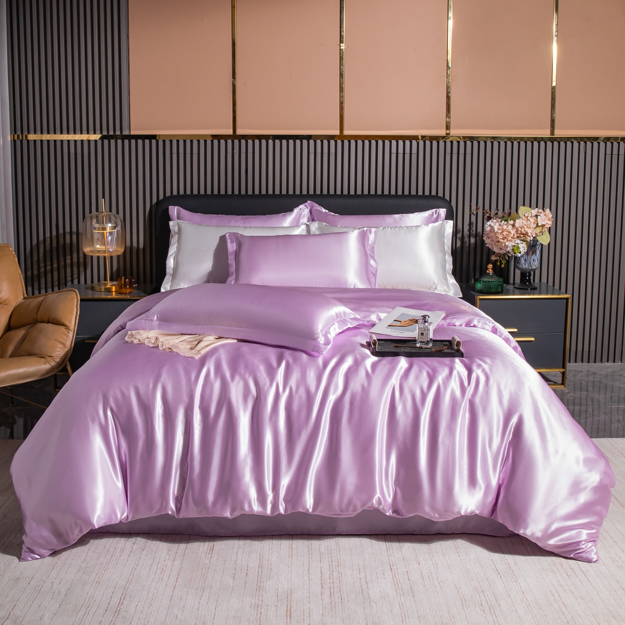 莱越家纺 2026夏季款高端轻奢水洗真丝四件套丝滑裸睡丝绸纯色冰丝四件套系列可承接外贸订货 香芋紫