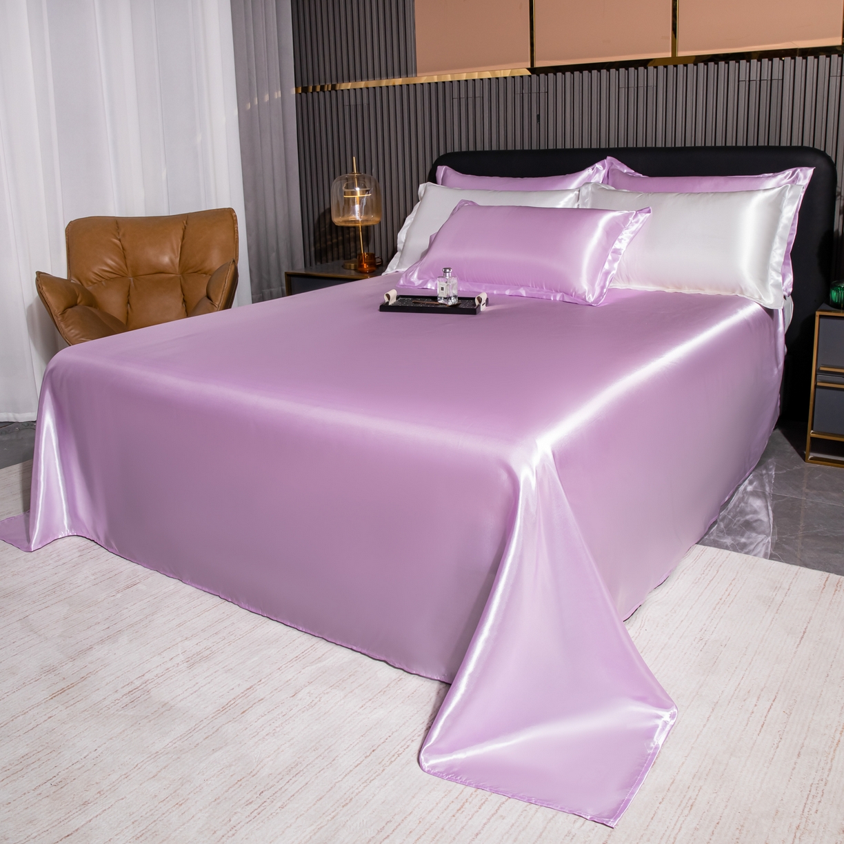 91家纺网 家纺一手货源 找家纺 莱越家纺 2026夏季款高端轻奢水洗真丝四件套丝滑裸睡丝绸纯色冰丝四件套系列可承接外贸订货 香芋紫