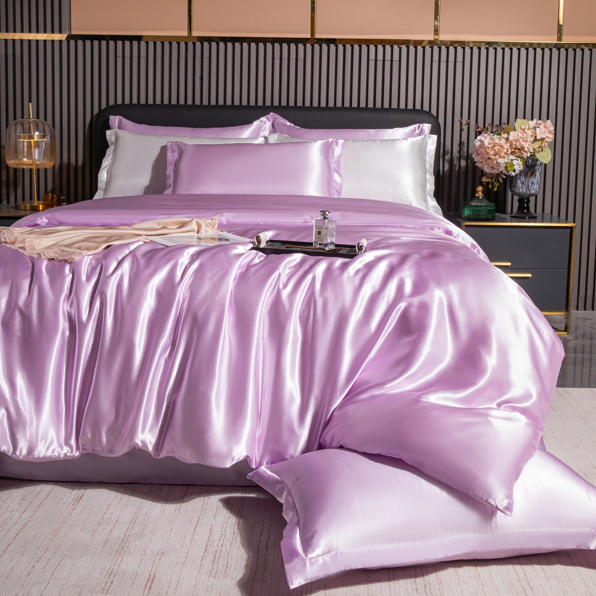 91家纺网 家纺一手货源 找家纺 莱越家纺 2026夏季款高端轻奢水洗真丝四件套丝滑裸睡丝绸纯色冰丝四件套系列可承接外贸订货 香芋紫
