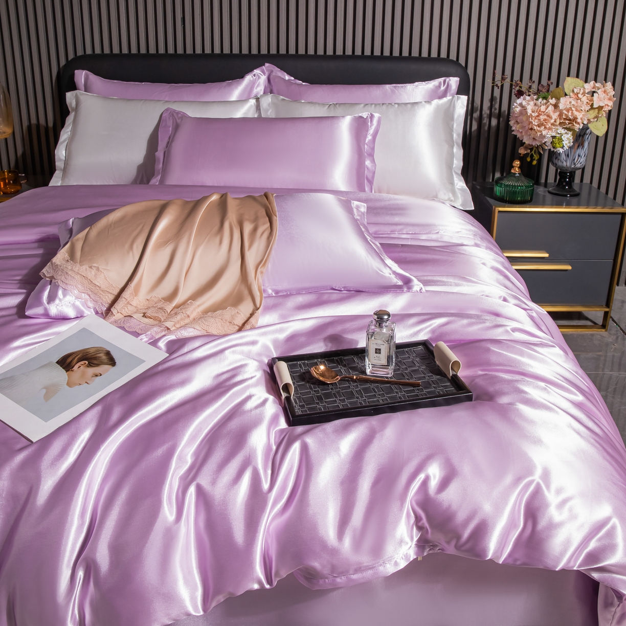 91家纺网 家纺一手货源 找家纺 莱越家纺 2026夏季款高端轻奢水洗真丝四件套丝滑裸睡丝绸纯色冰丝四件套系列可承接外贸订货 香芋紫