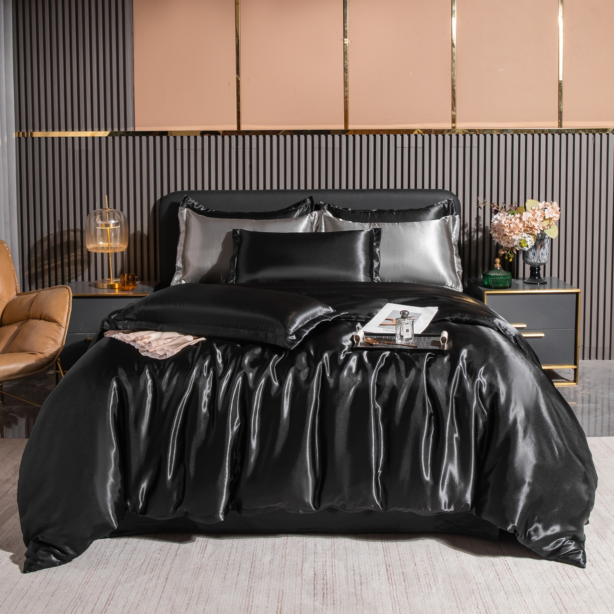 莱越家纺 2026夏季款高端轻奢水洗真丝四件套丝滑裸睡丝绸纯色冰丝四件套系列可承接外贸订货 炫酷黑