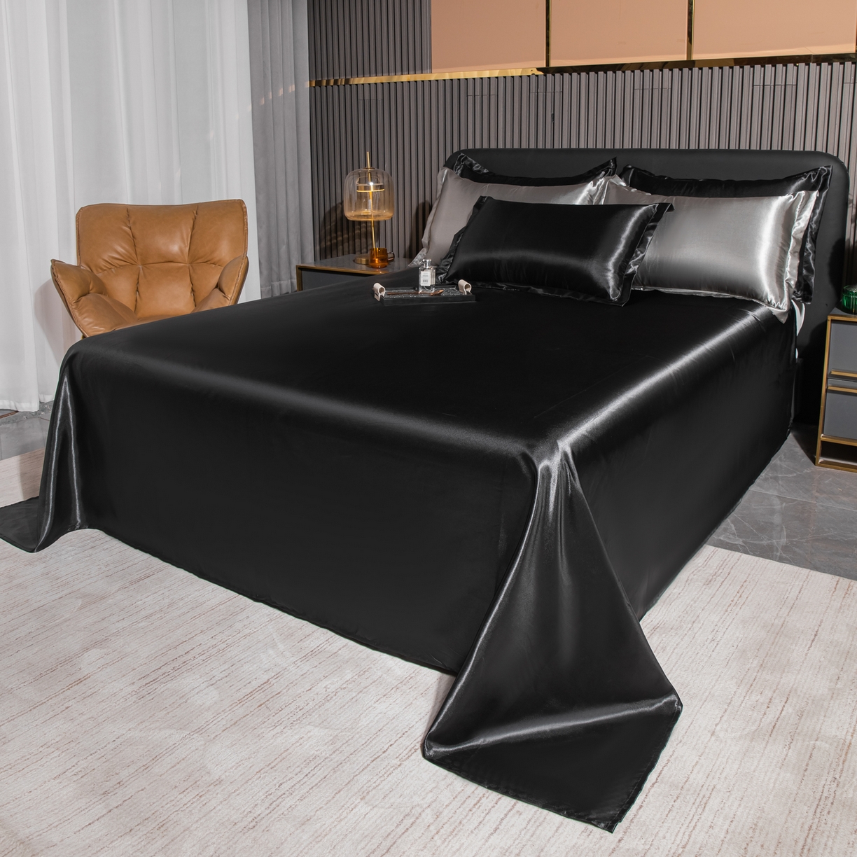 91家纺网 家纺一手货源 找家纺 莱越家纺 2026夏季款高端轻奢水洗真丝四件套丝滑裸睡丝绸纯色冰丝四件套系列可承接外贸订货 炫酷黑