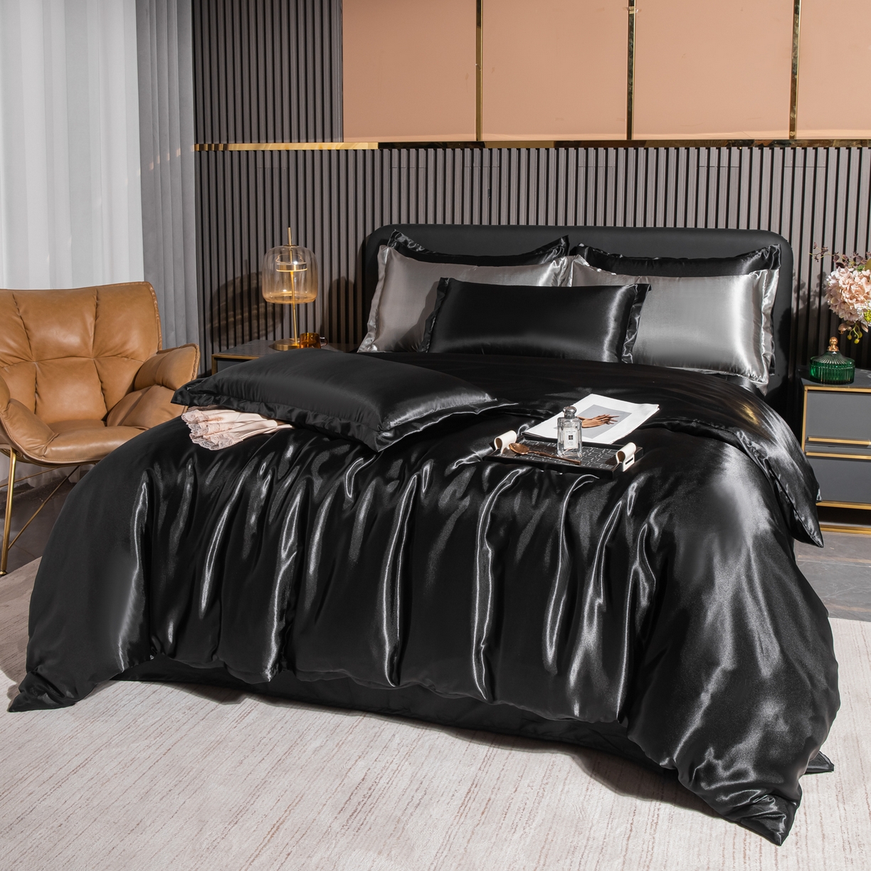 91家纺网 家纺一手货源 找家纺 莱越家纺 2026夏季款高端轻奢水洗真丝四件套丝滑裸睡丝绸纯色冰丝四件套系列可承接外贸订货 炫酷黑