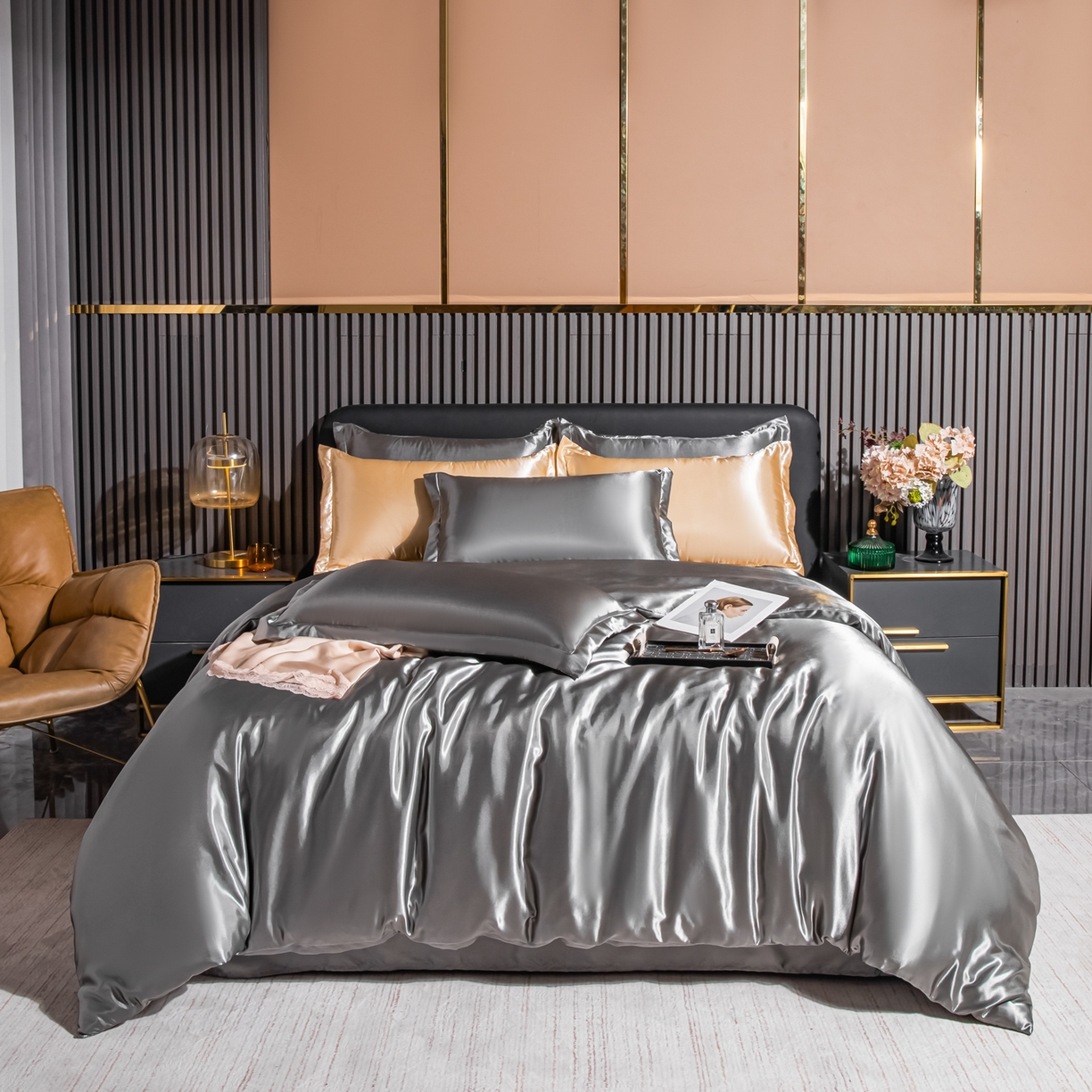 莱越家纺 2026夏季款高端轻奢水洗真丝四件套丝滑裸睡丝绸纯色冰丝四件套系列可承接外贸订货 银灰色