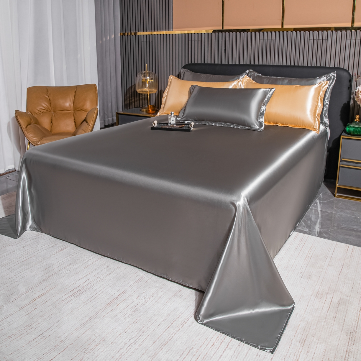 91家纺网 家纺一手货源 找家纺 莱越家纺 2026夏季款高端轻奢水洗真丝四件套丝滑裸睡丝绸纯色冰丝四件套系列可承接外贸订货 银灰色