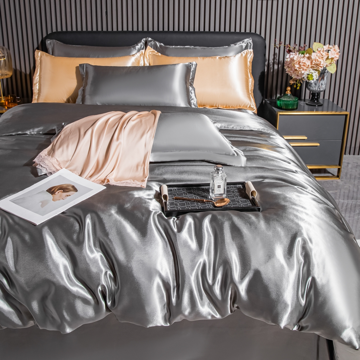 91家纺网 家纺一手货源 找家纺 莱越家纺 2026夏季款高端轻奢水洗真丝四件套丝滑裸睡丝绸纯色冰丝四件套系列可承接外贸订货 银灰色
