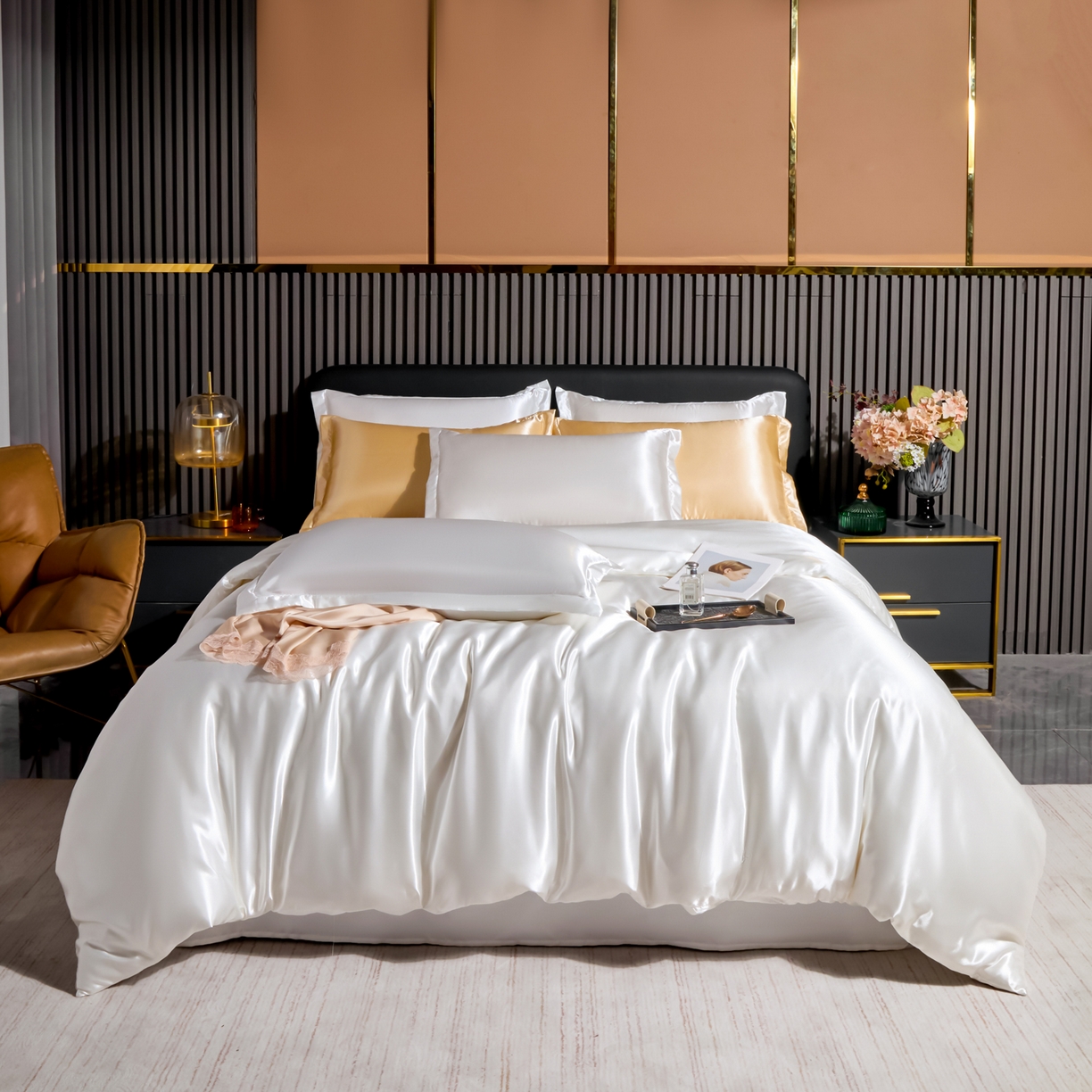 莱越家纺 2026夏季款高端轻奢水洗真丝四件套丝滑裸睡丝绸纯色冰丝四件套系列可承接外贸订货 珍珠白