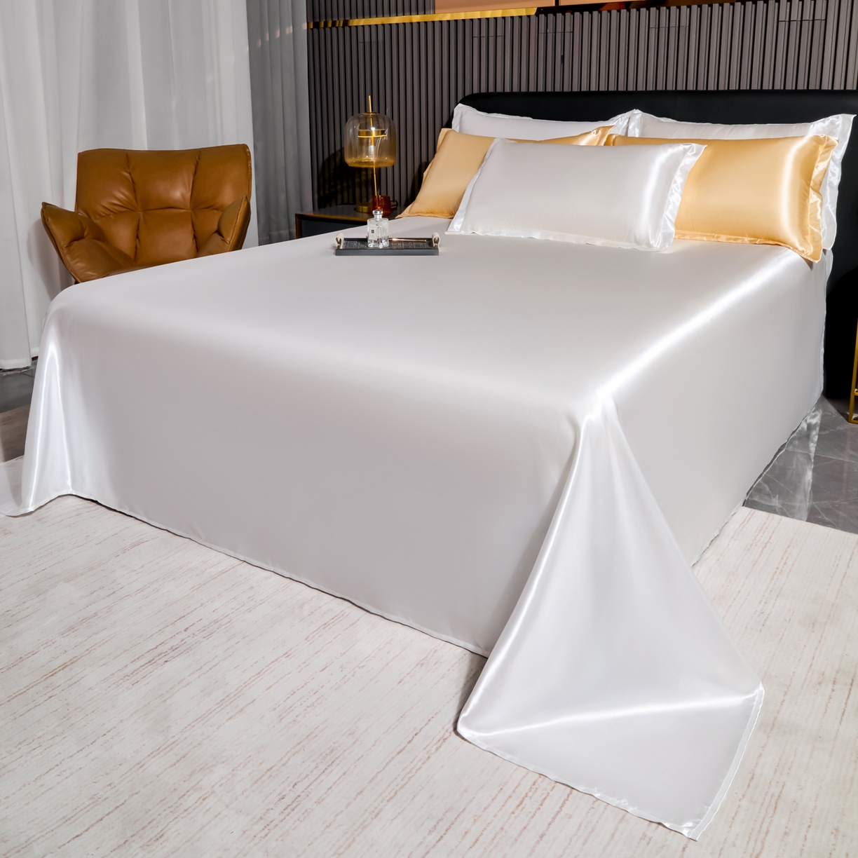 91家纺网 家纺一手货源 找家纺 莱越家纺 2026夏季款高端轻奢水洗真丝四件套丝滑裸睡丝绸纯色冰丝四件套系列可承接外贸订货 珍珠白