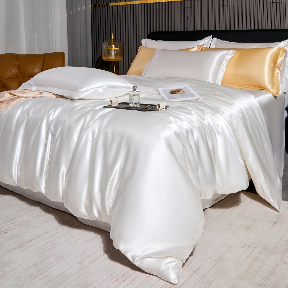 91家纺网 家纺一手货源 找家纺 莱越家纺 2026夏季款高端轻奢水洗真丝四件套丝滑裸睡丝绸纯色冰丝四件套系列可承接外贸订货 珍珠白