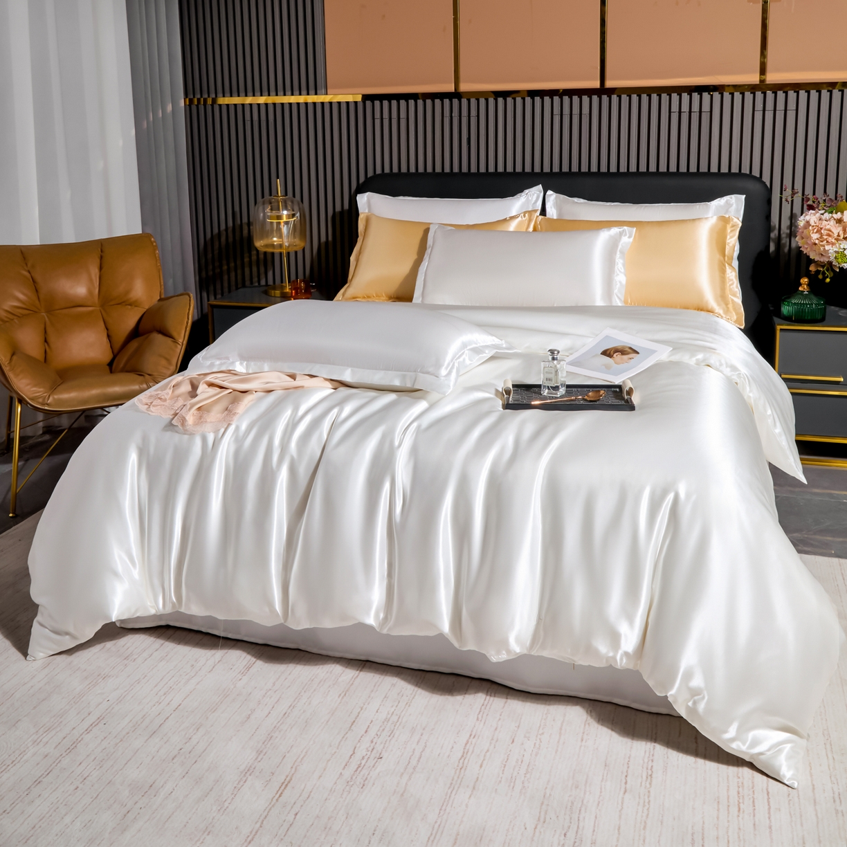 91家纺网 家纺一手货源 找家纺 莱越家纺 2026夏季款高端轻奢水洗真丝四件套丝滑裸睡丝绸纯色冰丝四件套系列可承接外贸订货 珍珠白