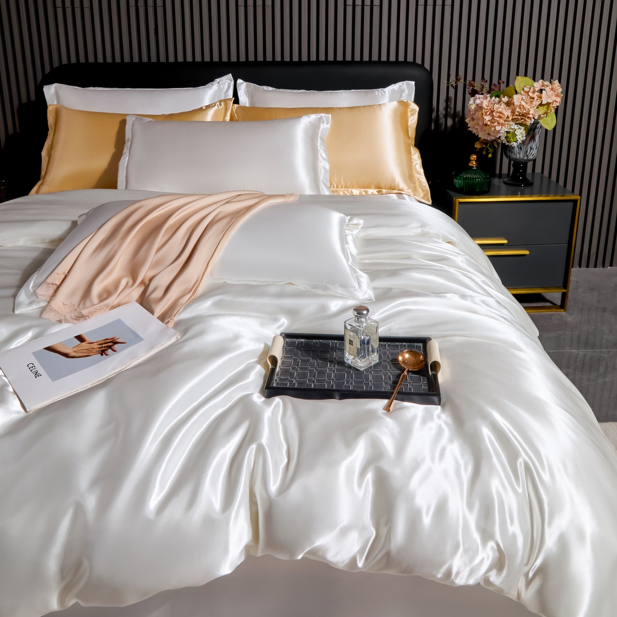 91家纺网 家纺一手货源 找家纺 莱越家纺 2026夏季款高端轻奢水洗真丝四件套丝滑裸睡丝绸纯色冰丝四件套系列可承接外贸订货 珍珠白