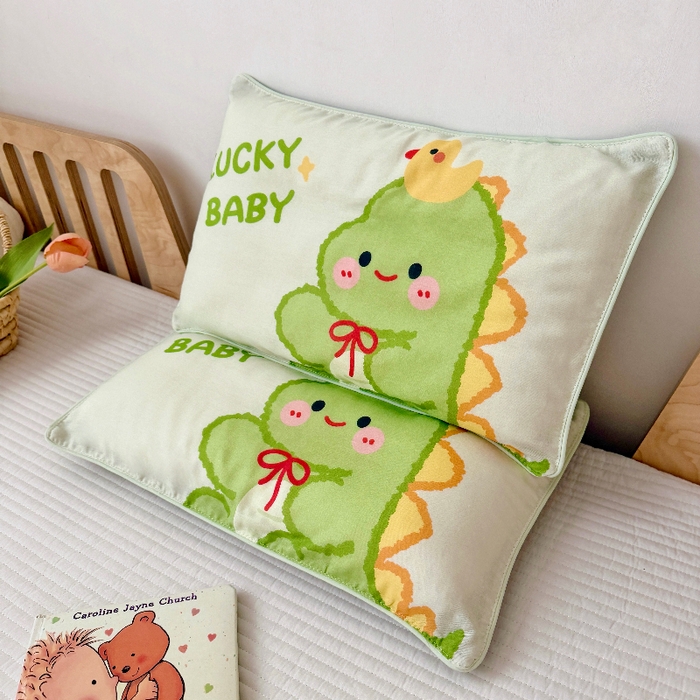 萌宝家纺 2026春夏纯棉双层纱儿童枕套A类宝宝纱布枕头枕芯（萌宠系列） 绿恐龙