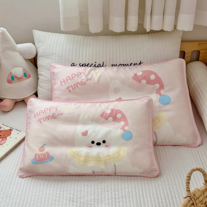 91家纺网 家纺一手货源 找家纺 萌宝家纺 2026春夏纯棉双层纱儿童枕套A类宝宝纱布枕头枕芯（萌宠系列） 西高地-粉色