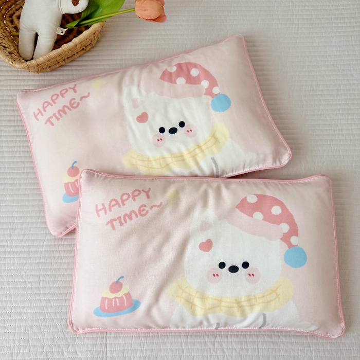 91家纺网 家纺一手货源 找家纺 萌宝家纺 2026春夏纯棉双层纱儿童枕套A类宝宝纱布枕头枕芯（萌宠系列） 西高地-粉色