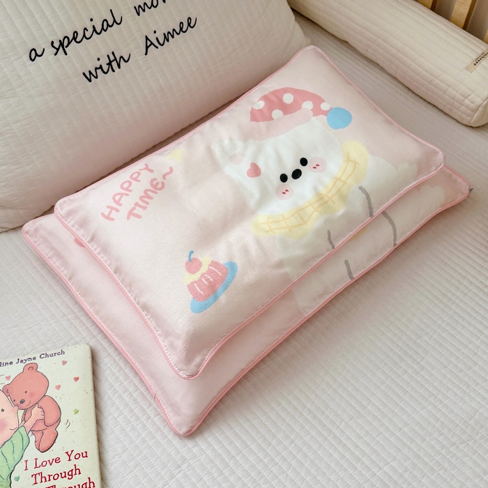 91家纺网 家纺一手货源 找家纺 萌宝家纺 2026春夏纯棉双层纱儿童枕套A类宝宝纱布枕头枕芯（萌宠系列） 西高地-粉色