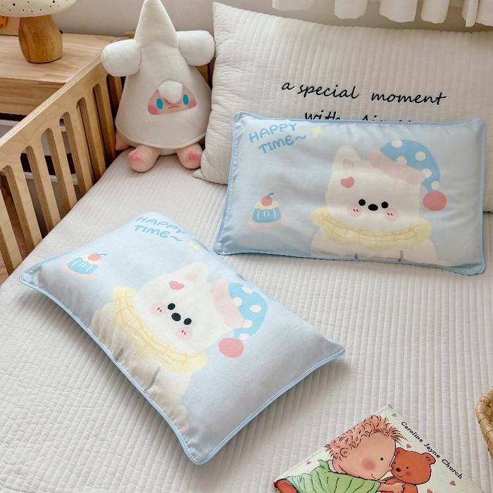 91家纺网 家纺一手货源 找家纺 萌宝家纺 2026春夏纯棉双层纱儿童枕套A类宝宝纱布枕头枕芯（萌宠系列） 西高地-蓝色