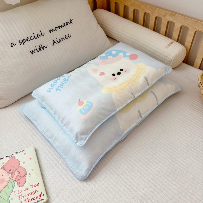 91家纺网 家纺一手货源 找家纺 萌宝家纺 2026春夏纯棉双层纱儿童枕套A类宝宝纱布枕头枕芯（萌宠系列） 西高地-蓝色