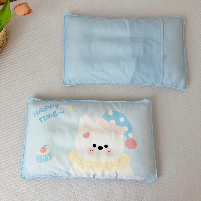 91家纺网 家纺一手货源 找家纺 萌宝家纺 2026春夏纯棉双层纱儿童枕套A类宝宝纱布枕头枕芯（萌宠系列） 西高地-蓝色