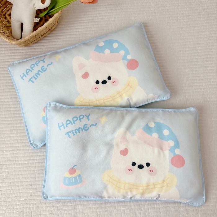 91家纺网 家纺一手货源 找家纺 萌宝家纺 2026春夏纯棉双层纱儿童枕套A类宝宝纱布枕头枕芯（萌宠系列） 西高地-蓝色