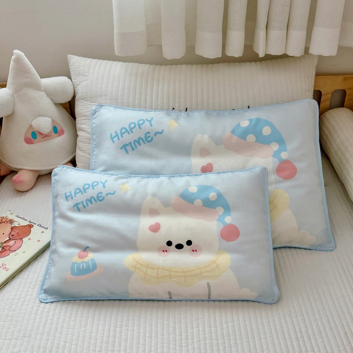 91家纺网 家纺一手货源 找家纺 萌宝家纺 2026春夏纯棉双层纱儿童枕套A类宝宝纱布枕头枕芯（萌宠系列） 西高地-蓝色