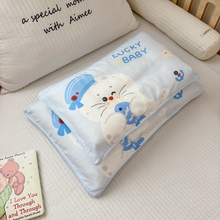 91家纺网 家纺一手货源 找家纺 萌宝家纺 2026春夏纯棉双层纱儿童枕套A类宝宝纱布枕头枕芯（萌宠系列） 小海豹