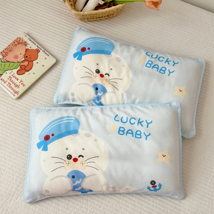 91家纺网 家纺一手货源 找家纺 萌宝家纺 2026春夏纯棉双层纱儿童枕套A类宝宝纱布枕头枕芯（萌宠系列） 小海豹