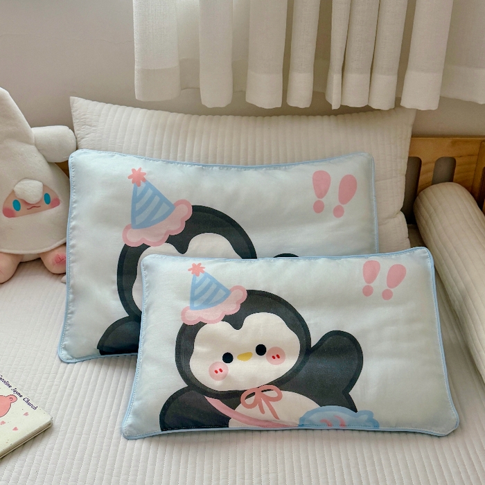 91家纺网 家纺一手货源 找家纺 萌宝家纺 2026春夏纯棉双层纱儿童枕套A类宝宝纱布枕头枕芯（萌宠系列） 小企鹅