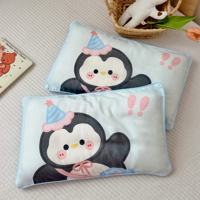 91家纺网 家纺一手货源 找家纺 萌宝家纺 2026春夏纯棉双层纱儿童枕套A类宝宝纱布枕头枕芯（萌宠系列） 小企鹅