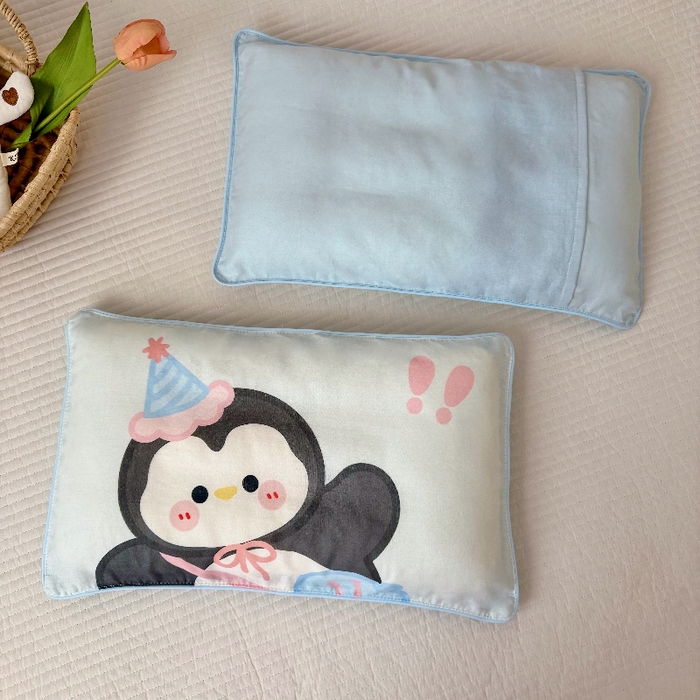 91家纺网 家纺一手货源 找家纺 萌宝家纺 2026春夏纯棉双层纱儿童枕套A类宝宝纱布枕头枕芯（萌宠系列） 小企鹅