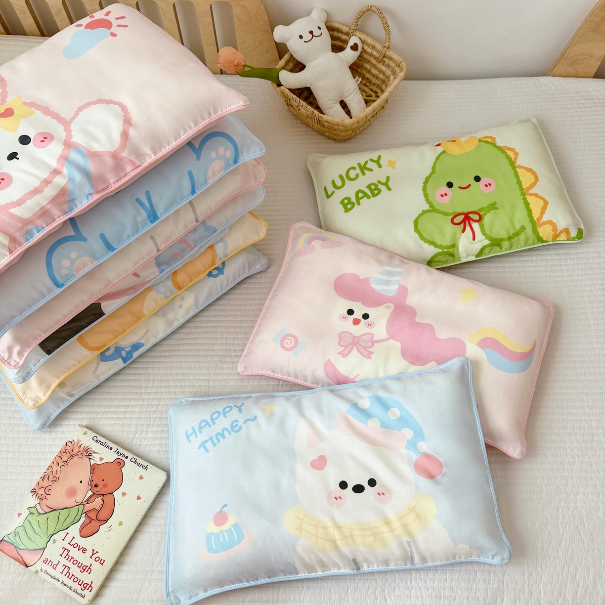 91家纺网 家纺一手货源 找家纺 萌宝家纺 2026春夏纯棉双层纱儿童枕套A类宝宝纱布枕头枕芯（萌宠系列） 组合图仅供参考不可下单